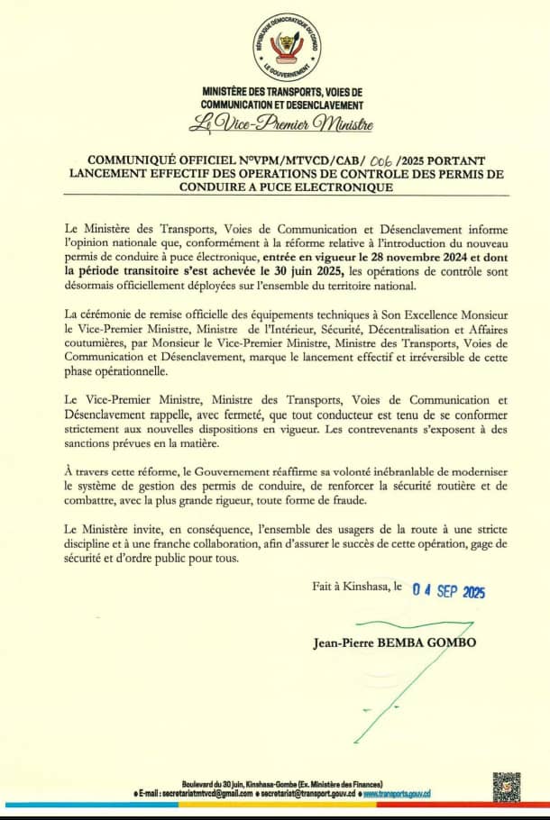 COMMUNIQUE RDC : Plus de conducteurs sans permis à puce électronique en vigueur sur les routes congolaise, souligne le communiqué de Jean Pierre BEMBA