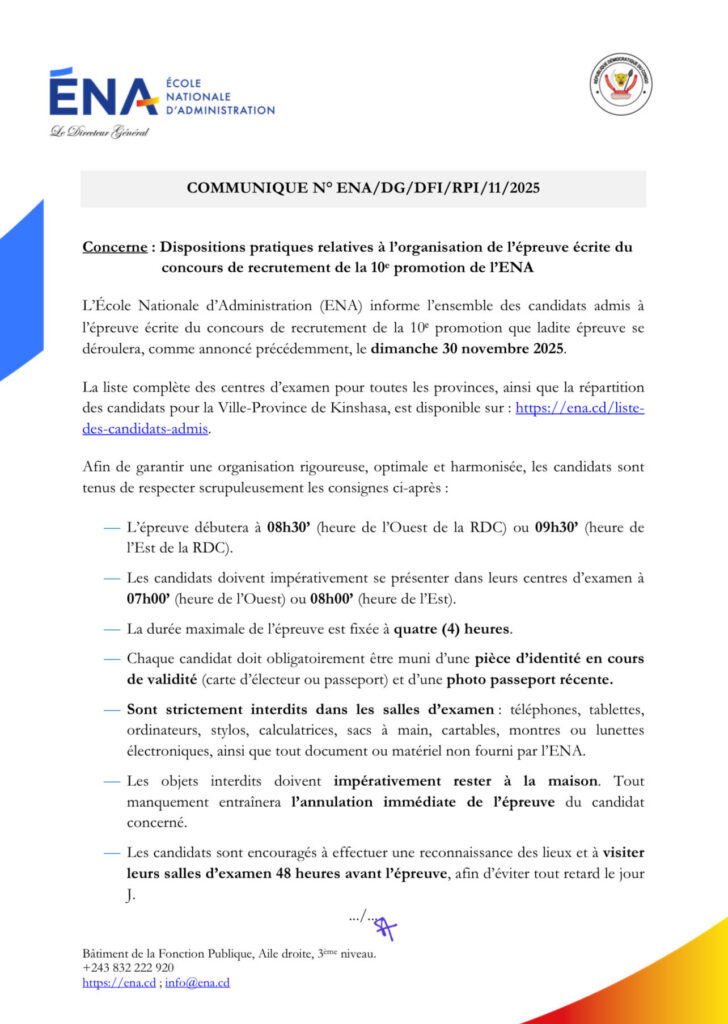 1001588948-728x1024 ‎RDC :  Le Management de l'ENA annonce les modalités pratiques quant au concours du recrutement de sa 10e promotion
