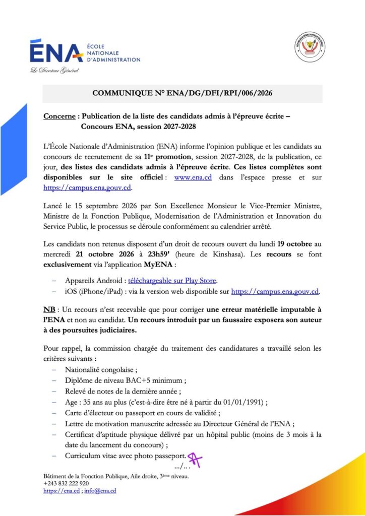 1003027313-724x1024 ENA-RDC : La liste des candidats 11 ème session admis à l'épreuve écrite publiée après un mois et quatre jours